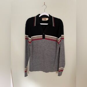 Vintage Striped Black and Gray Long Sleeve Polo Shirt